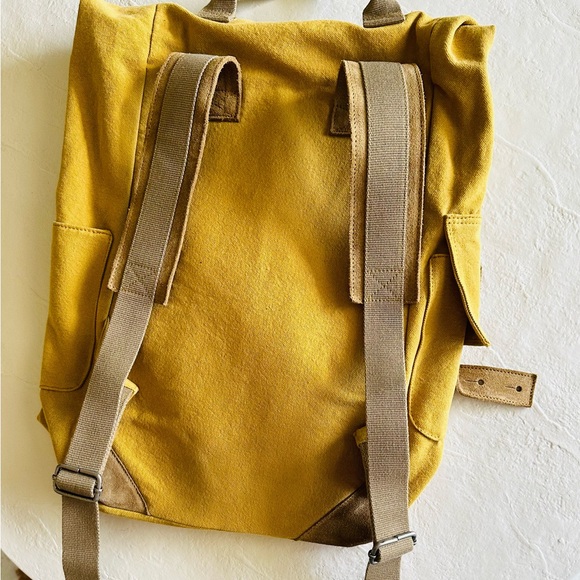 Tannish yellow fold over backpack made -heavy duty fabric, tan suede accents - Picture 3 of 4